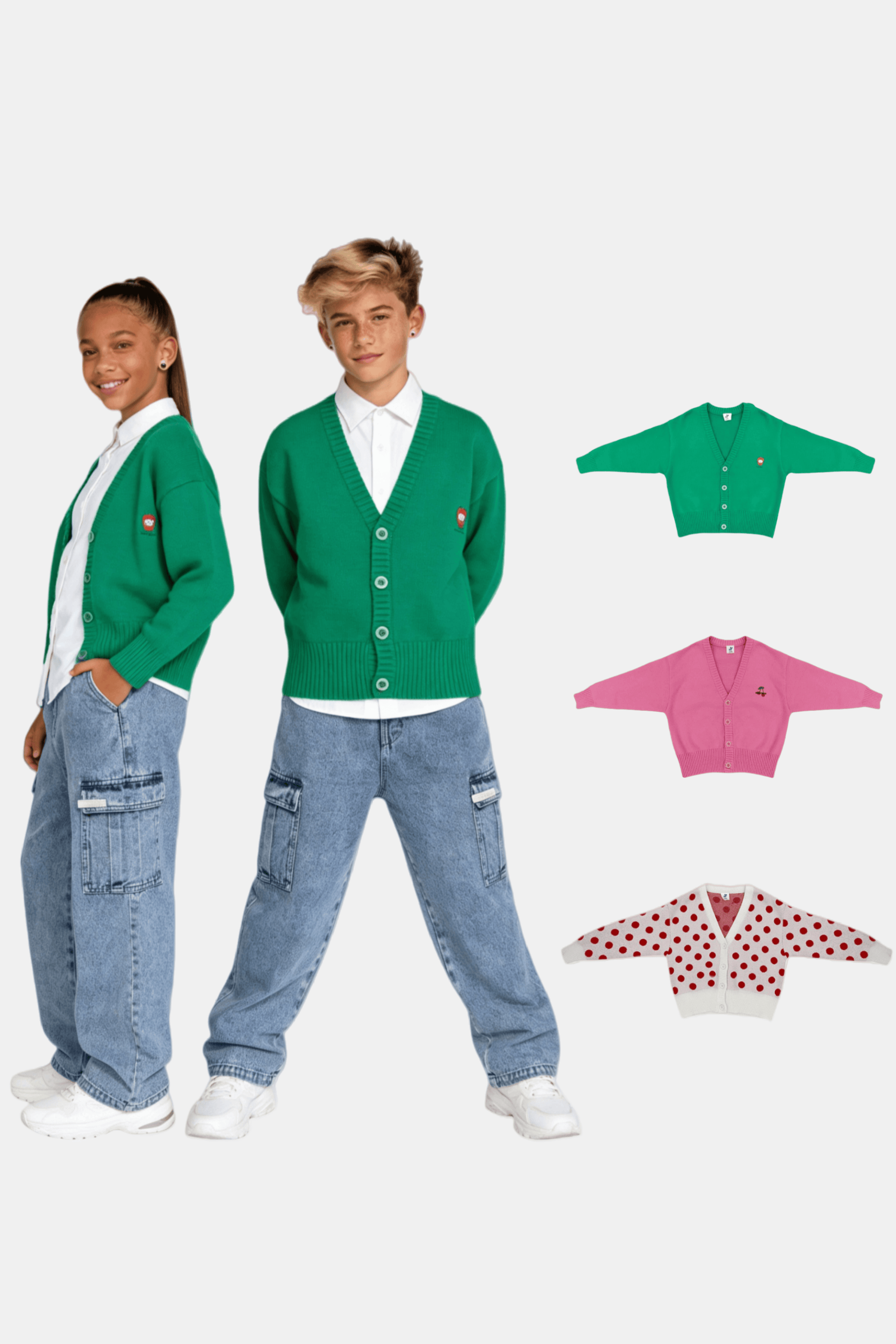 OGENDER Oversized Knit Cardigan Collection: Unisex embroidered sweaters featuring carrot and cherry designs, plus polka dot patterns. Available for kids, teens, sizes 110-160.