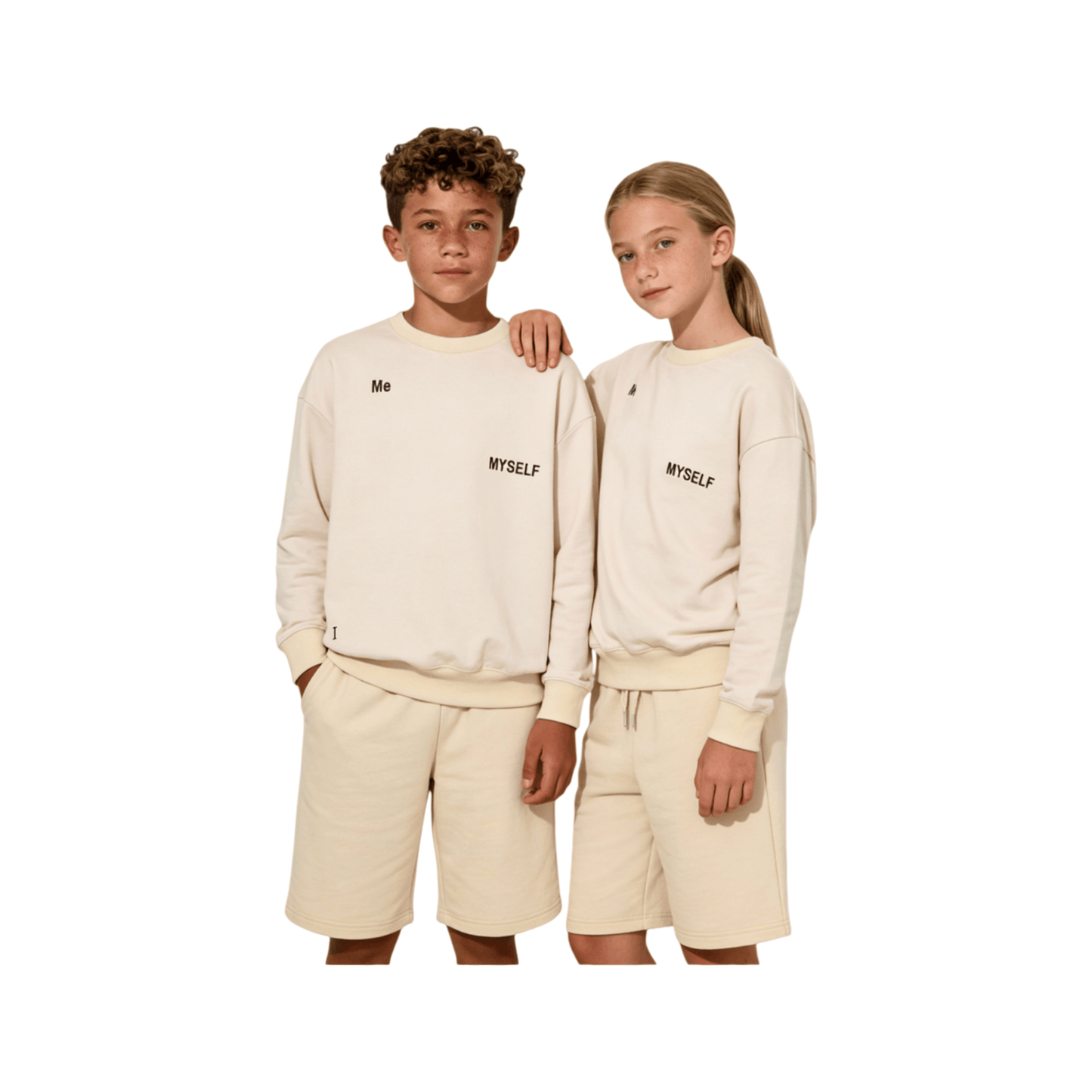 Kids wearing the signature DNA sweatshirts in khaki and pink, showcasing the relaxed gender-neutral fit.