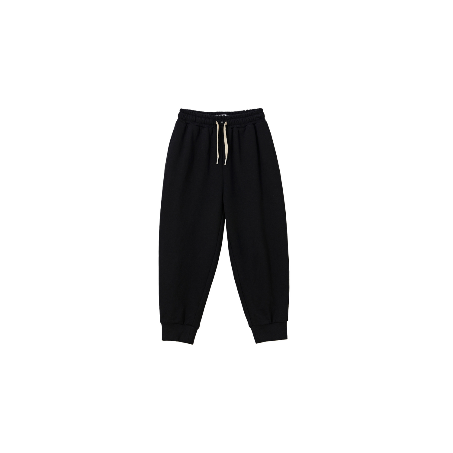 Front flat lay of kids' 100% cotton jogger pants in Jet Black, featuring a comfortable elastic waistband and relaxed fit.