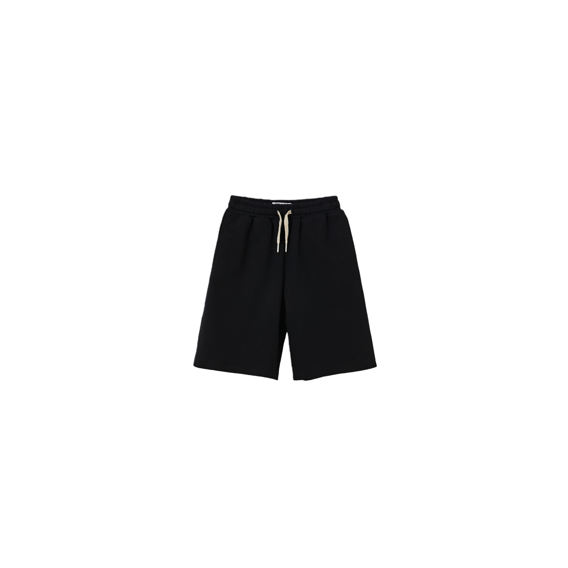 Front flat lay of kids' 100% cotton sweat shorts in Jet Black, featuring an elastic waistband and cream drawstrings.