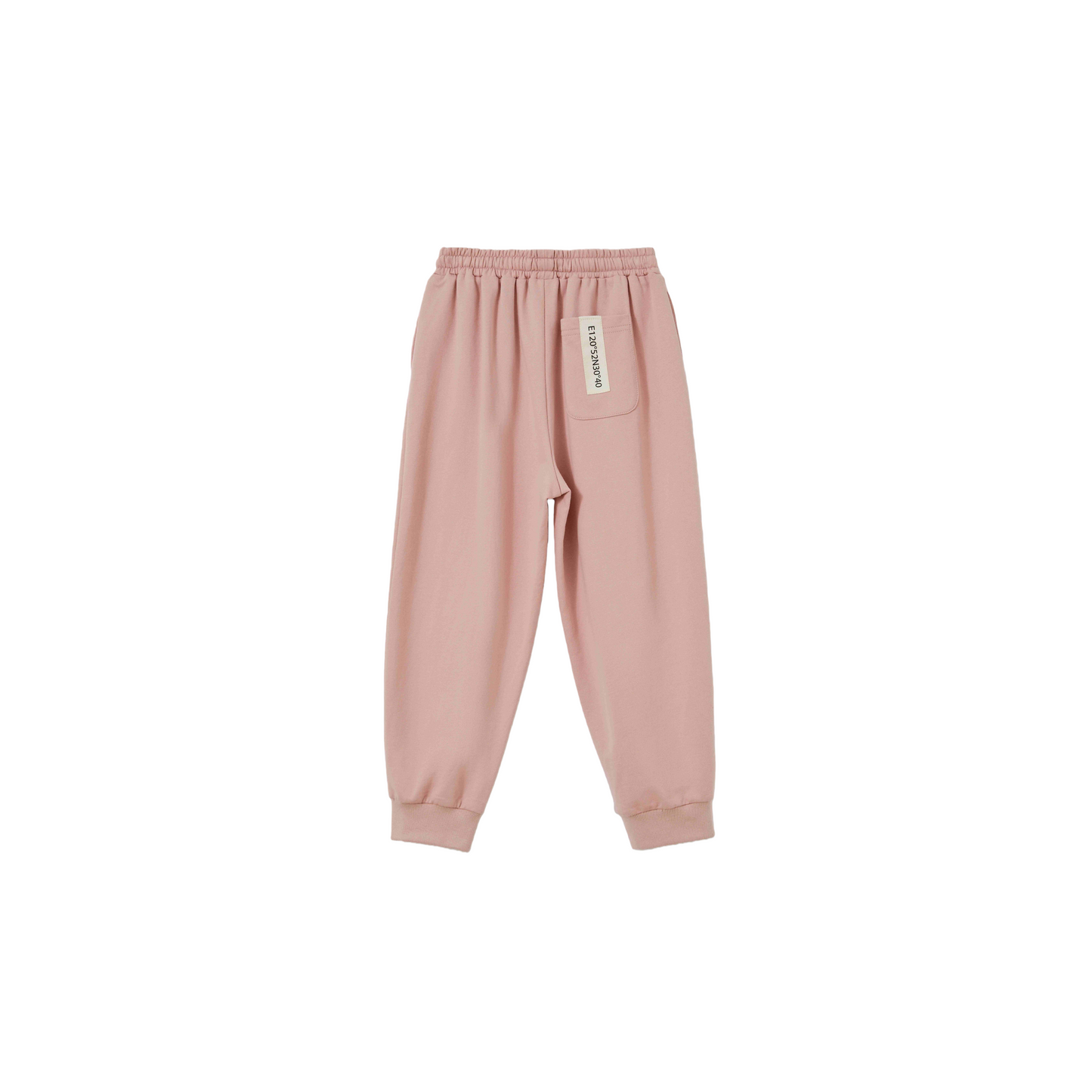 Back view of the Dusty Pink joggers, highlighting the minimalist design and premium stitched brand label.