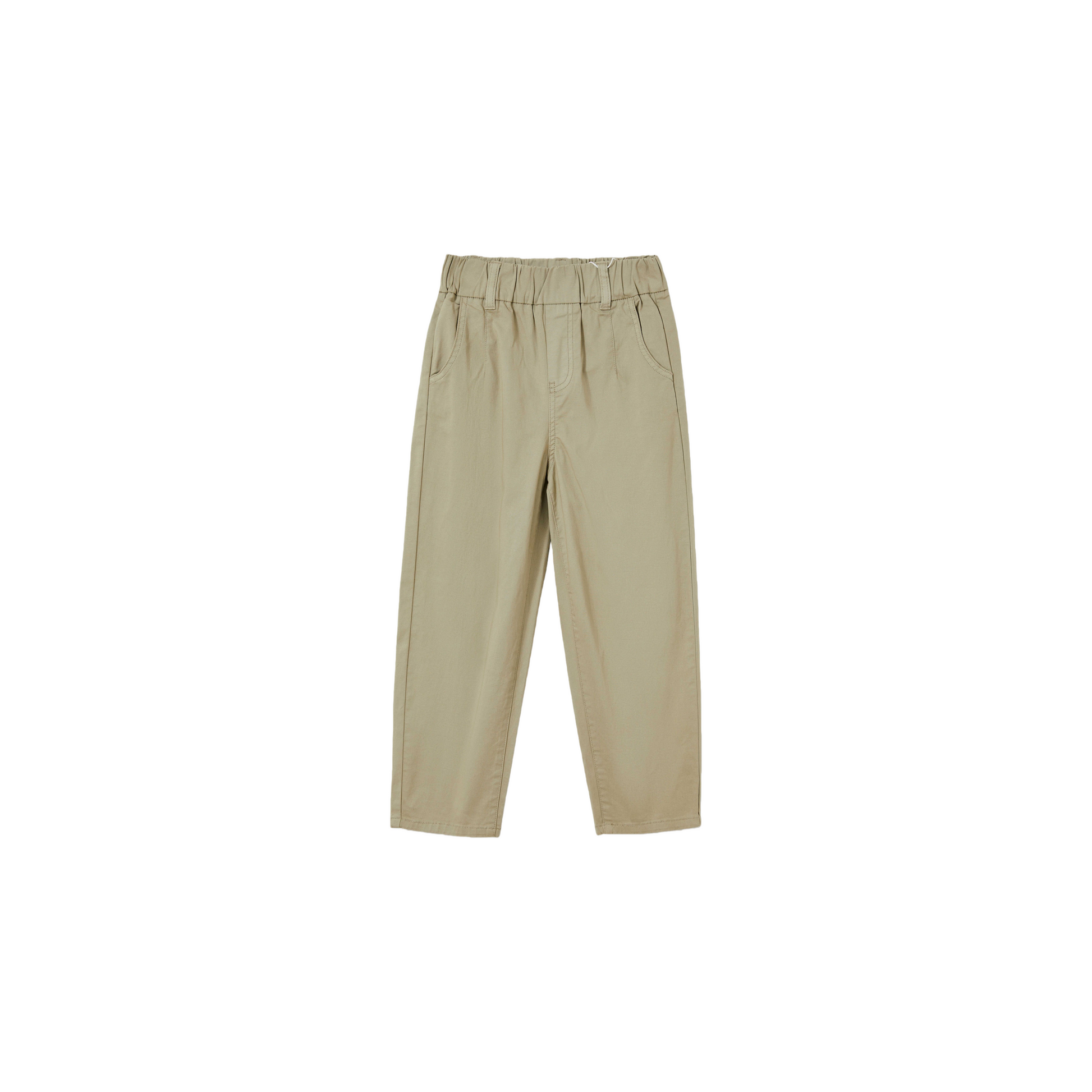 Ogender unisex kids relaxed cotton pants in light sage green, clean front view with carrot fit silhouette.