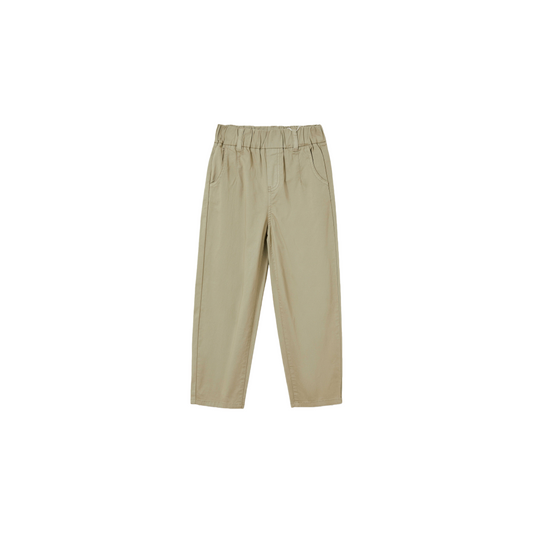 Ogender unisex kids relaxed cotton pants in light sage green, clean front view with carrot fit silhouette.