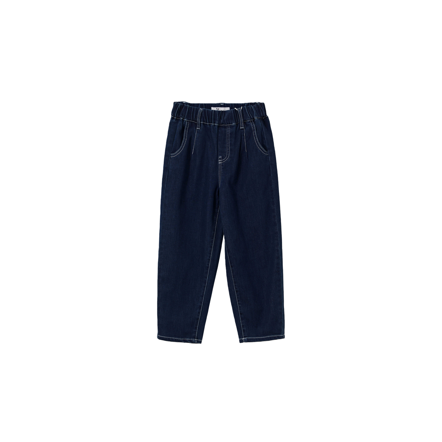 Ogender kids dark blue carrot fit denim jeans with white contrast stitching, clean front view.