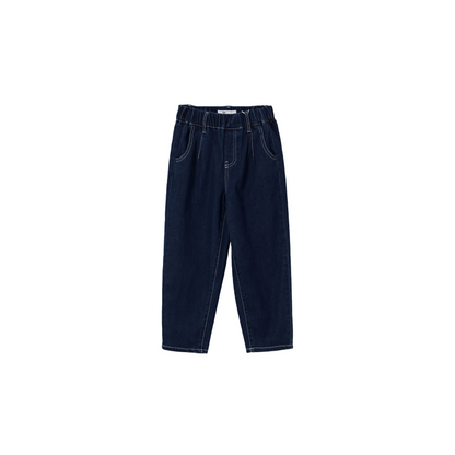 Ogender kids dark blue carrot fit denim jeans with white contrast stitching, clean front view.