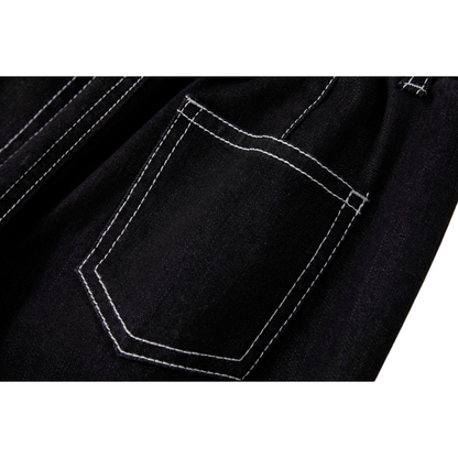 Close-up of the back pocket on Ogender black denim jeans, highlighting the durable double-stitched white contrast seams.