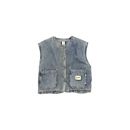 Front view of the ogender kids' blue denim padded vest, showcasing the multi-pocket design and vintage wood-toned buttons.