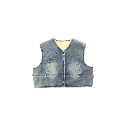 Professional studio shot of a unisex cropped denim vest with thick cream fleece lining, highlighting the oversized boxy silhouette for teens.