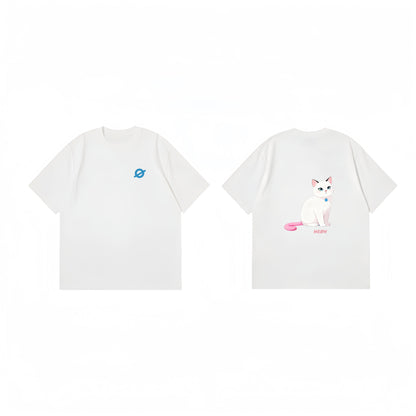 ØGENDER white oversized t-shirt with a cute original IP Cat graphic, 100% premium cotton gender-neutral basic.