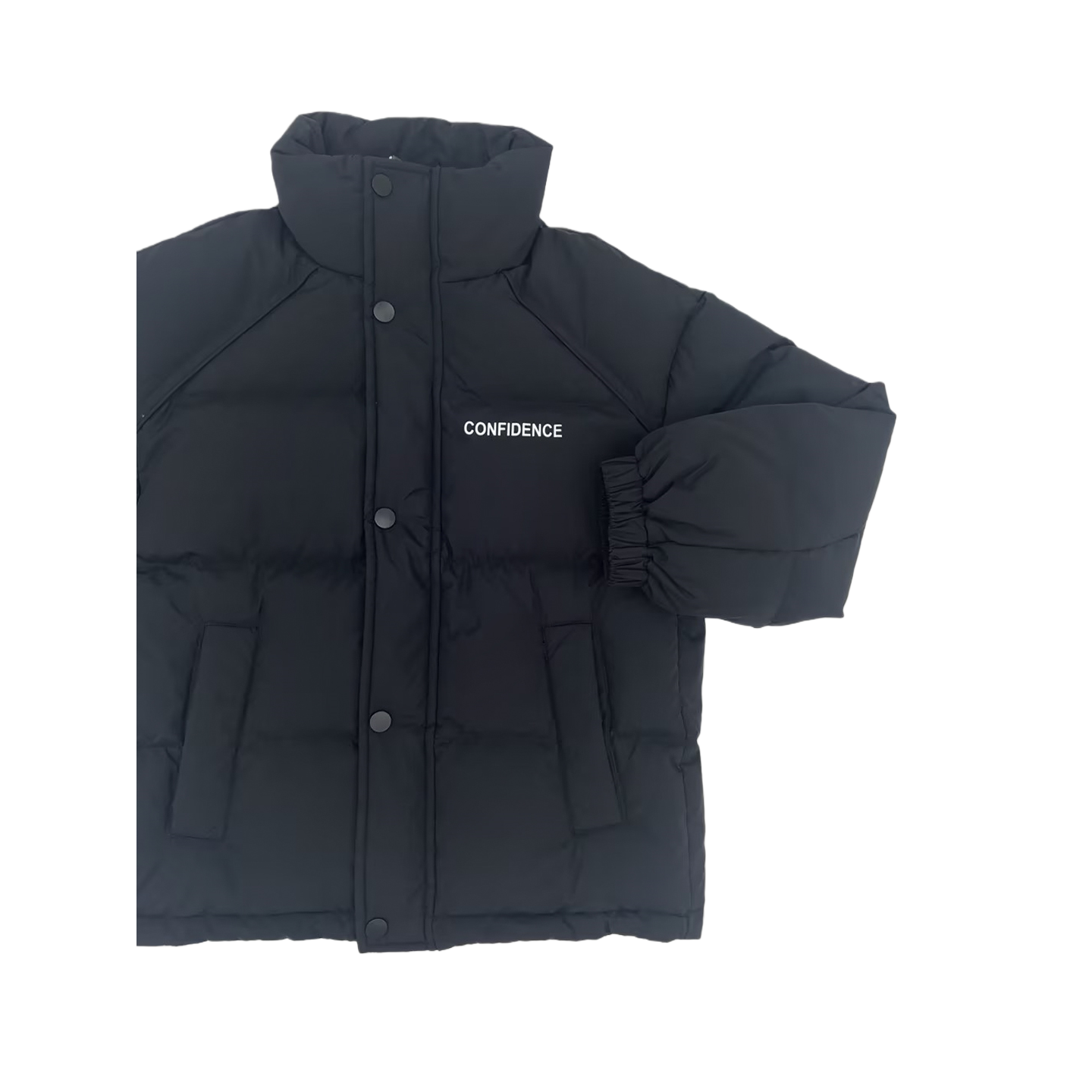 Detailed close-up of the black puffer jacket's chest area, showcasing the high-quality white "CONFIDENCE" typography and the structured stand-collar design.