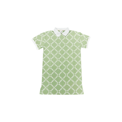 Front view of the ninø kids' spring green polo collar dress with a contrasting white collar and all-over white logo pattern.