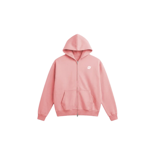 Front view of ØGENDER pink oversized zip-up fleece hoodie, featuring the signature "Ø" logo on the chest, 85% premium cotton.