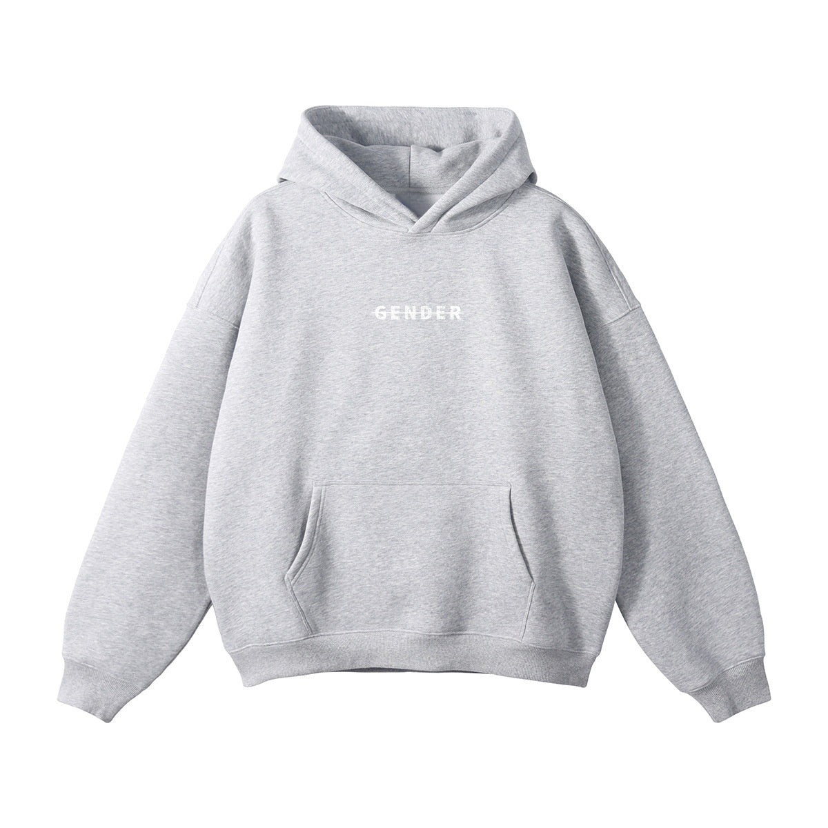 ØGENDER heather grey unisex fleece hoodie with "Gender" print, featuring a boxy oversized silhouette and kangaroo pocket.