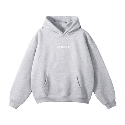 ØGENDER heather grey unisex fleece hoodie with "Gender" print, featuring a boxy oversized silhouette and kangaroo pocket.