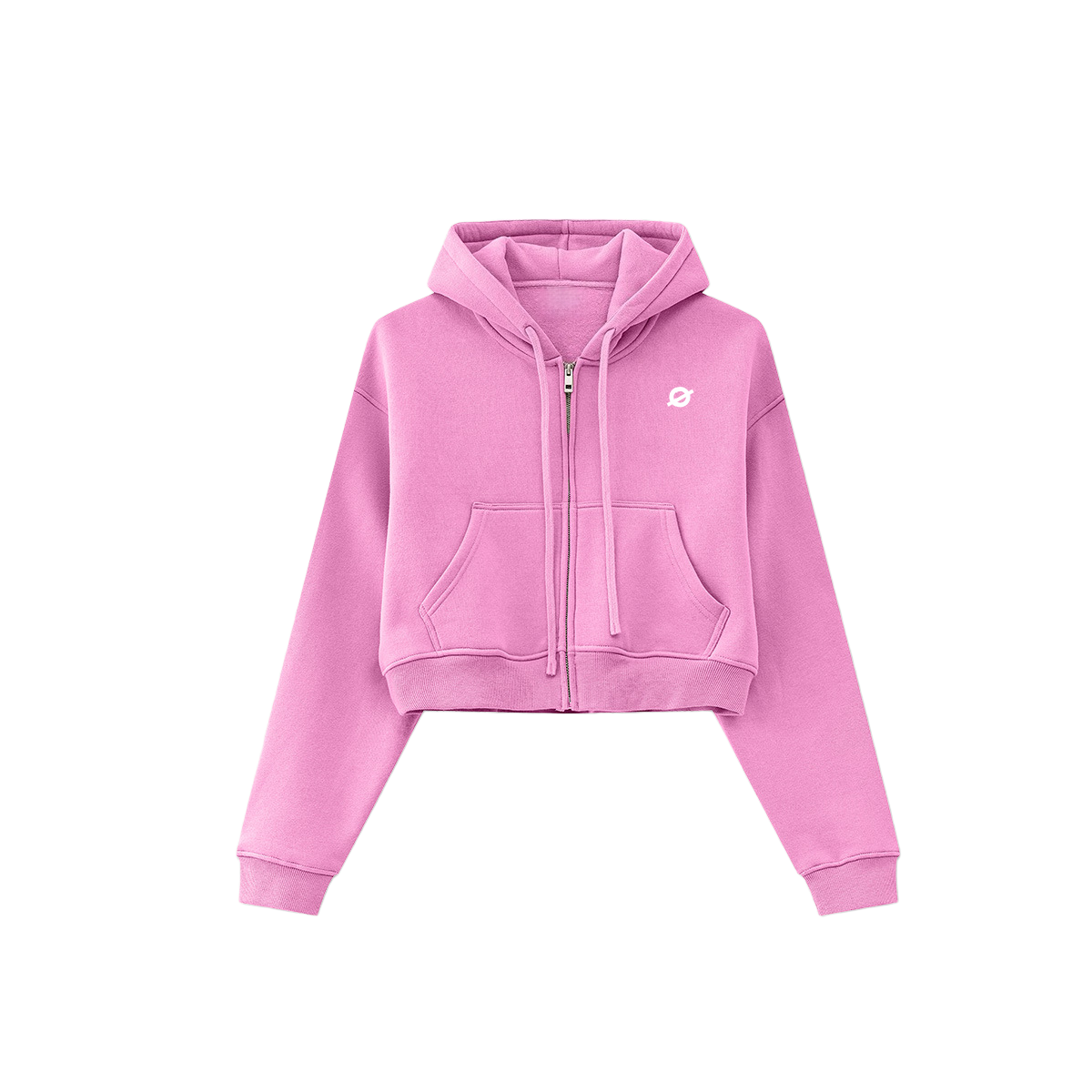 ØGENDER rose pink cropped zip-up hoodie with "Ø" logo print, vibrant gender-neutral cropped sweatshirt for a modern look.