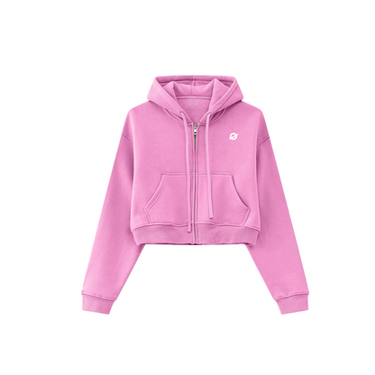 ØGENDER rose pink cropped zip-up hoodie with "Ø" logo print, vibrant gender-neutral cropped sweatshirt for a modern look.