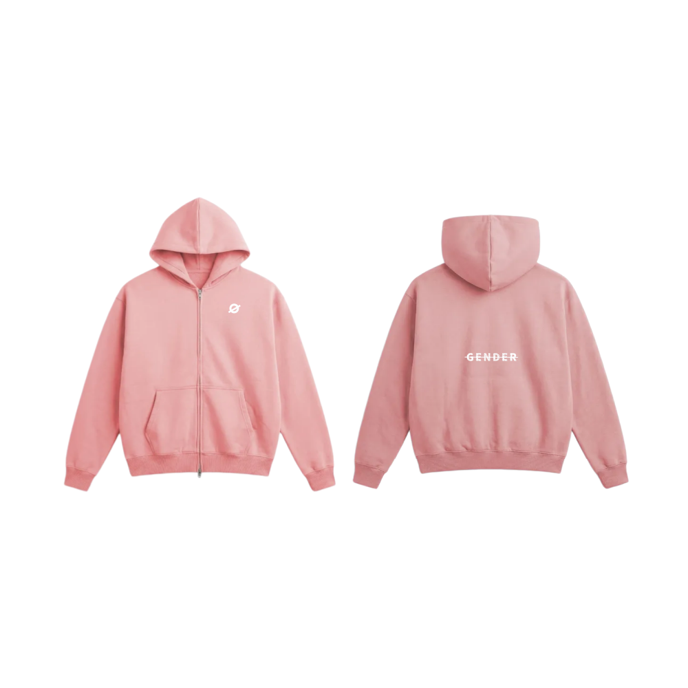 Front and back view of ØGENDER pink zip-up hoodie, featuring the "Ø" logo on the front and "Gender" text graphic on the back.