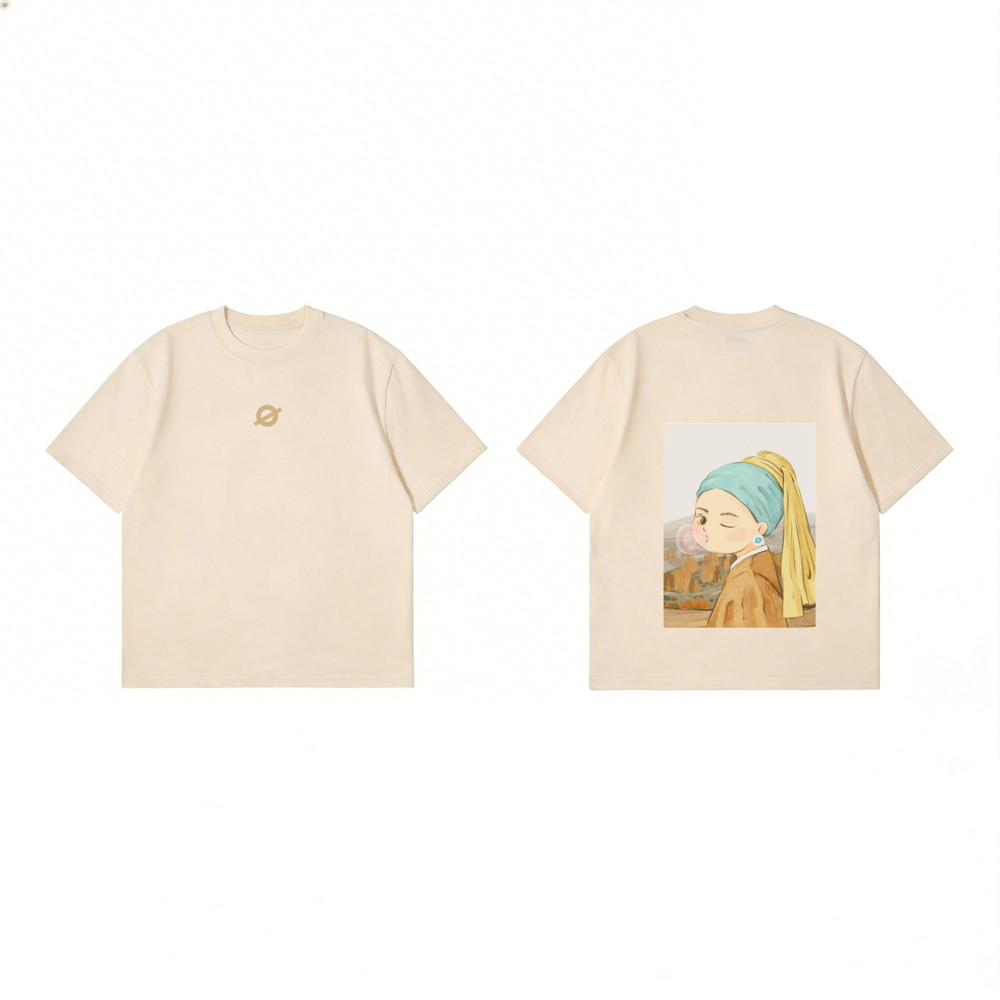 ØGENDER apricot unisex oversized t-shirt featuring a stylized minimalist Girl with a Pearl Earring portrait graphic.