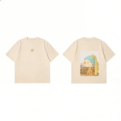 ØGENDER apricot unisex oversized t-shirt featuring a stylized minimalist Girl with a Pearl Earring portrait graphic.