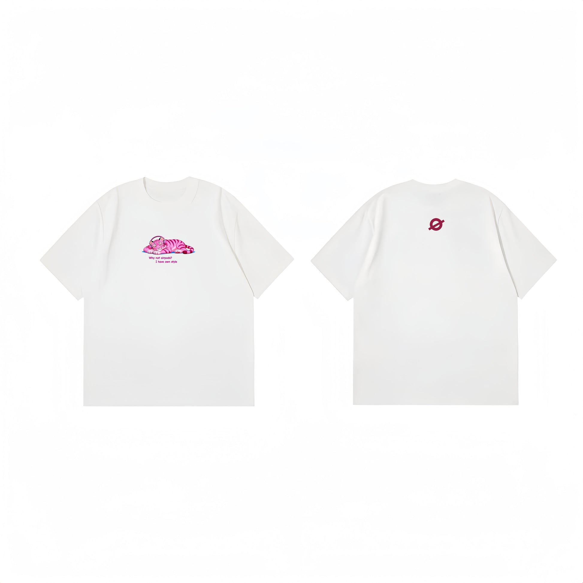 ØGENDER white graphic tee featuring an original IP Tiger wearing headphones, minimalist artistic streetwear.