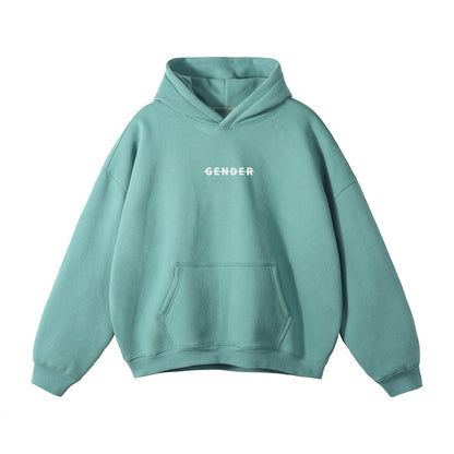 ØGENDER medium green oversized unisex hoodie with "Gender" print, high-quality fleece-lined basic for a relaxed look.