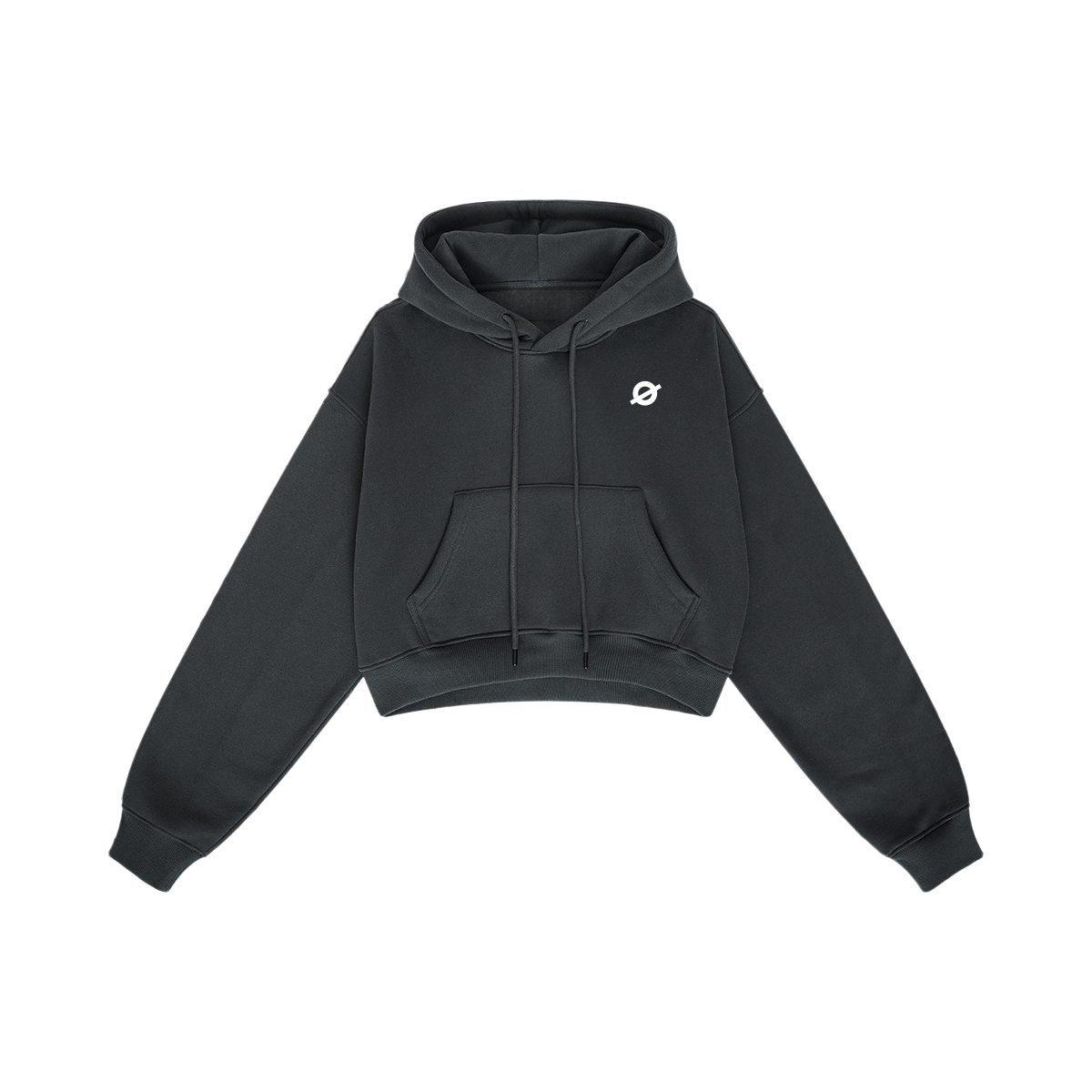 ØGENDER dark grey cropped fleece-lined hoodie with "Ø" chest print, featuring an edgy oversized silhouette for women.