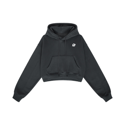 ØGENDER dark grey cropped fleece-lined hoodie with "Ø" chest print, featuring an edgy oversized silhouette for women.