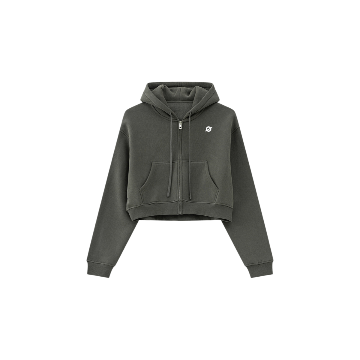 ØGENDER taupe cropped full-zip fleece hoodie featuring the "Ø" symbol, sophisticated neutral tone in an oversized boxy fit.