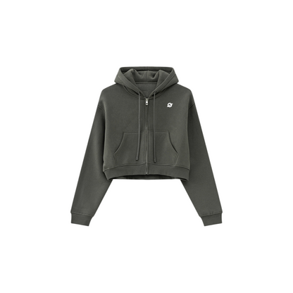 ØGENDER taupe cropped full-zip fleece hoodie featuring the "Ø" symbol, sophisticated neutral tone in an oversized boxy fit.