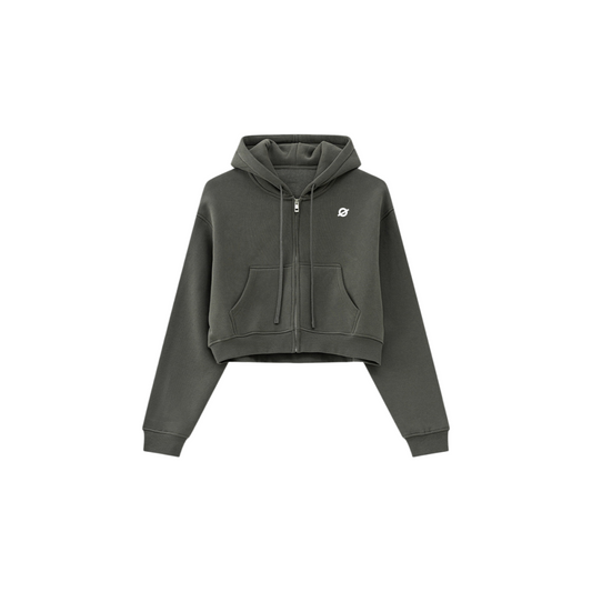 ØGENDER taupe cropped full-zip fleece hoodie featuring the "Ø" symbol, sophisticated neutral tone in an oversized boxy fit.