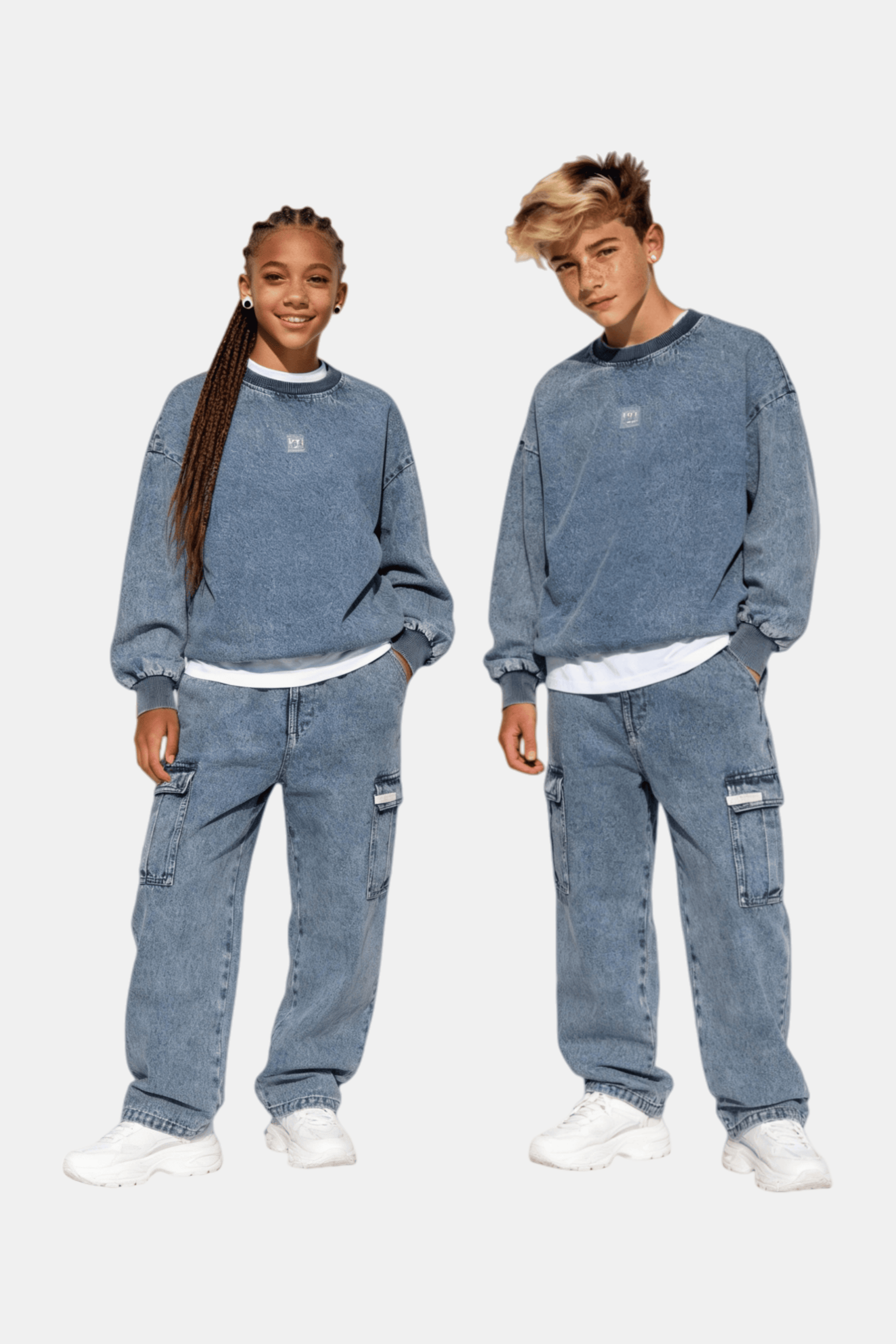 OGENDER Denim Collection: 100% cotton denim-style oversized unisex sweatshirt and cargo pants set, comfortable streetwear for kids and teens.
