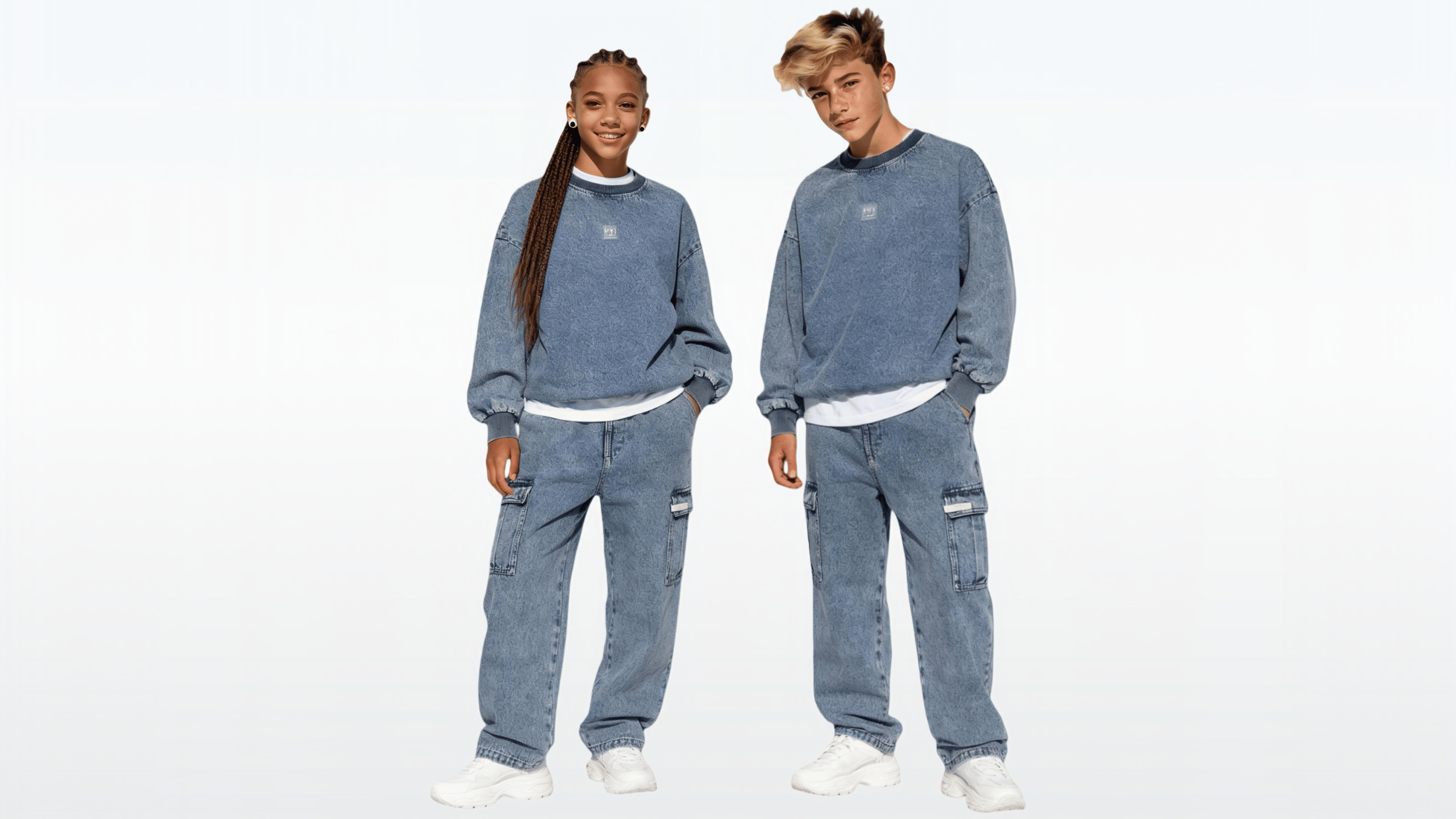 ØGENDER youth streetwear campaign: male and female teenage models in matching washed blue oversized denim hoodies and utility cargo jeans, featuring a layered look with white tees and sneakers for a fresh, unisex urban vibe.