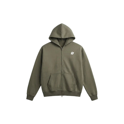 ØGENDER green unisex oversized zip hoodie with "Ø" chest print, featuring a durable metal zipper and soft fleece interior.