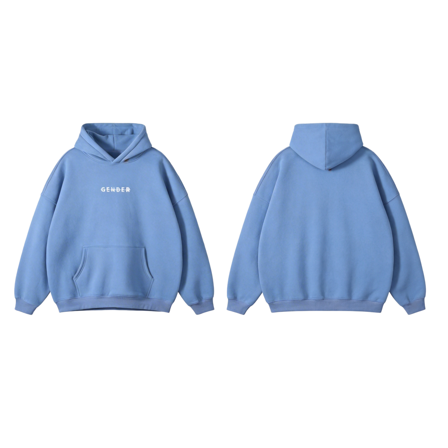 Front and back view of ØGENDER medium blue fleece hoodie, showing the "Gender" chest print and the clean, structured back silhouette.