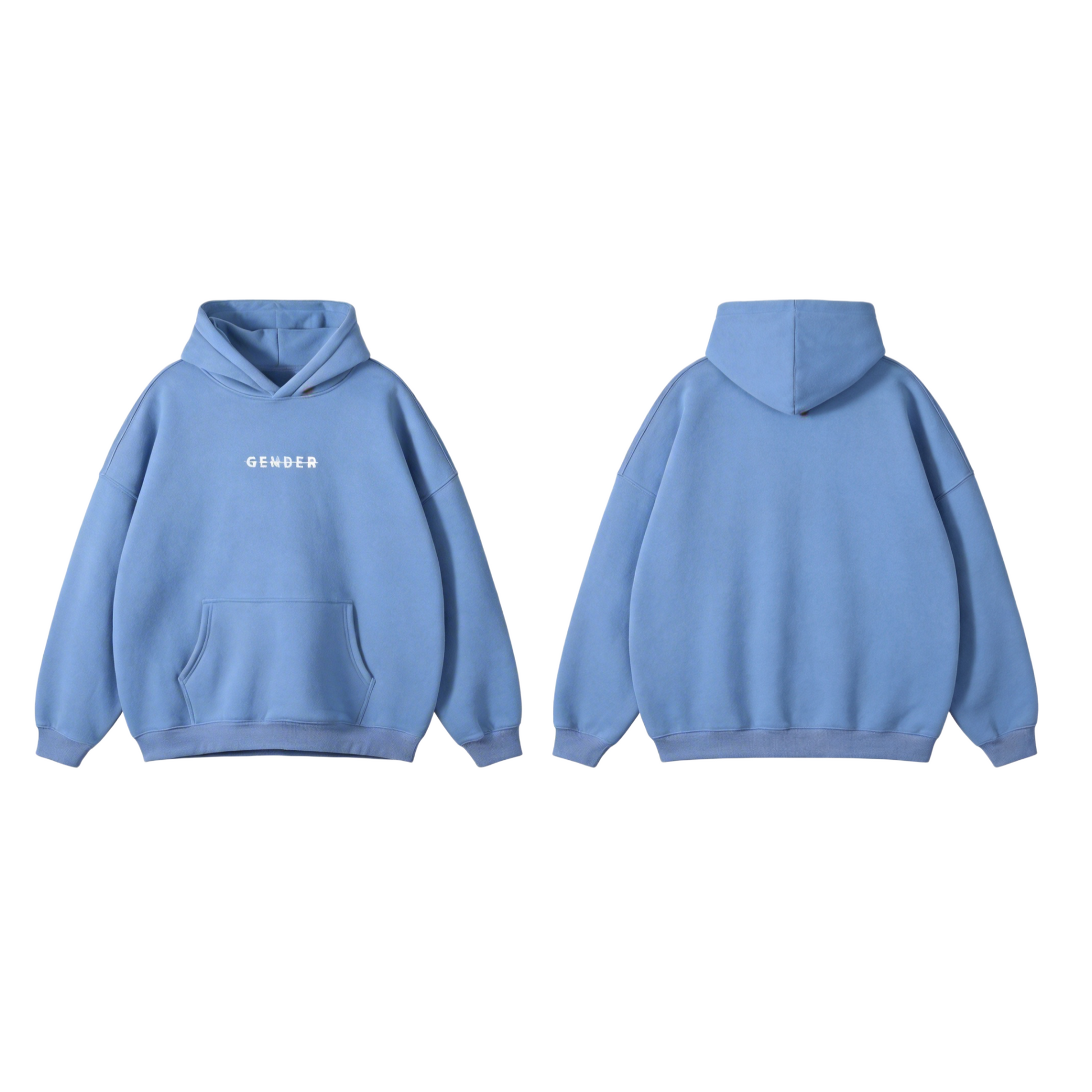 Front and back view of ØGENDER medium blue fleece hoodie, showing the "Gender" chest print and the clean, structured back silhouette.