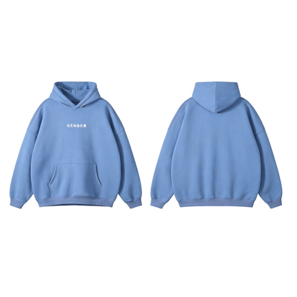 Front and back view of ØGENDER medium blue fleece hoodie, showing the "Gender" chest print and the clean, structured back silhouette.