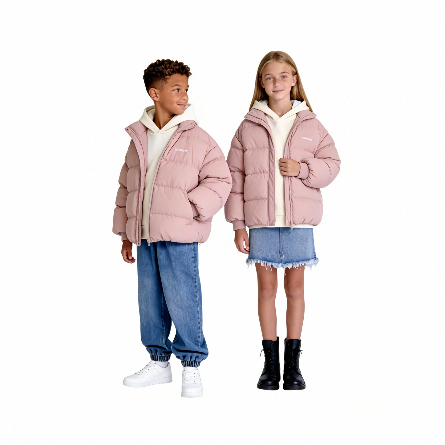 Unisex kids wearing Ogender pink puffer jackets, gender-neutral winter streetwear for teens.