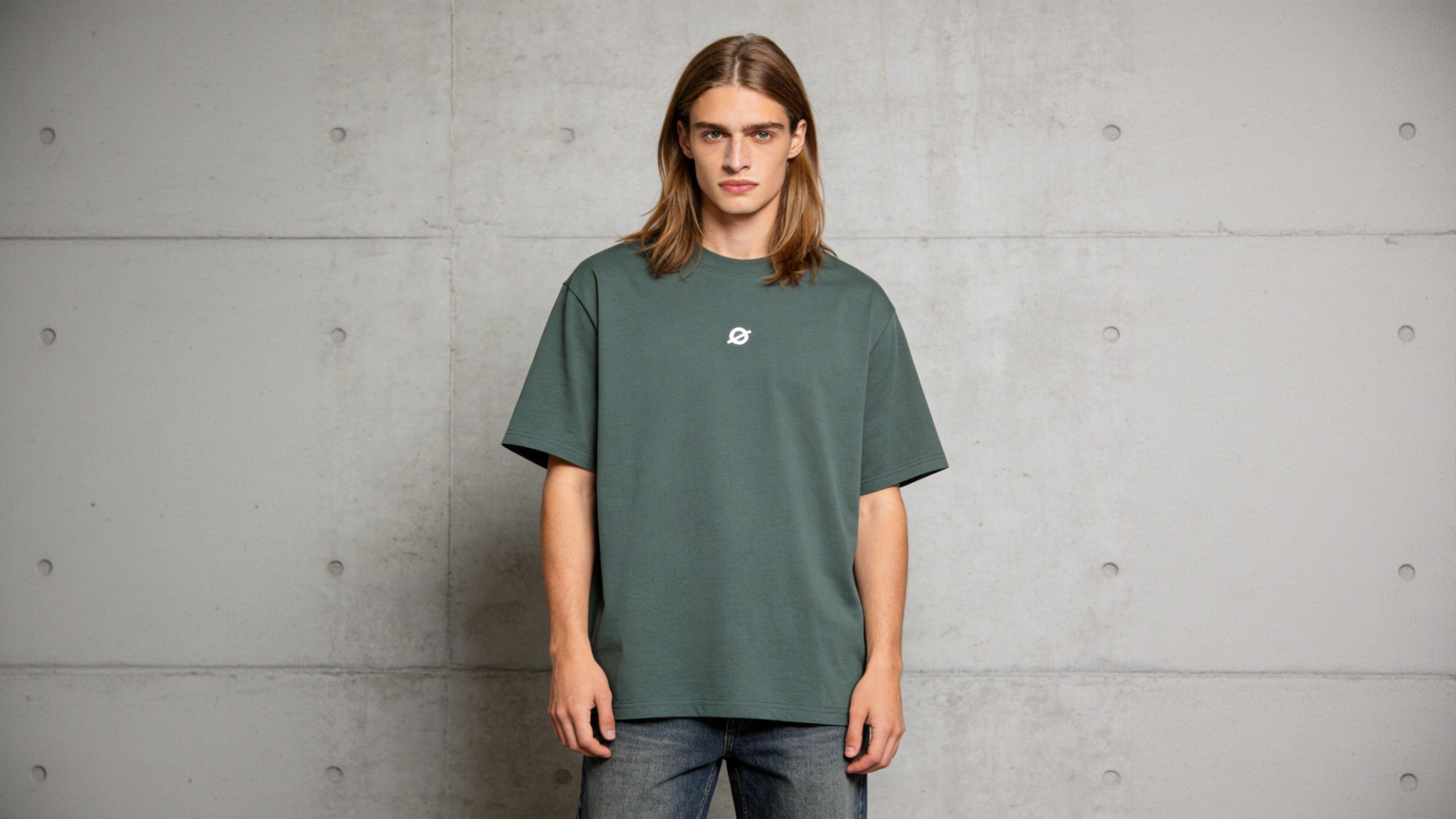 Close-up of a male model wearing ØGENDER pale green oversized t-shirt with the signature "Ø" logo, styled with dark grey denim jeans against a concrete wall background, showcasing minimalist urban streetwear.