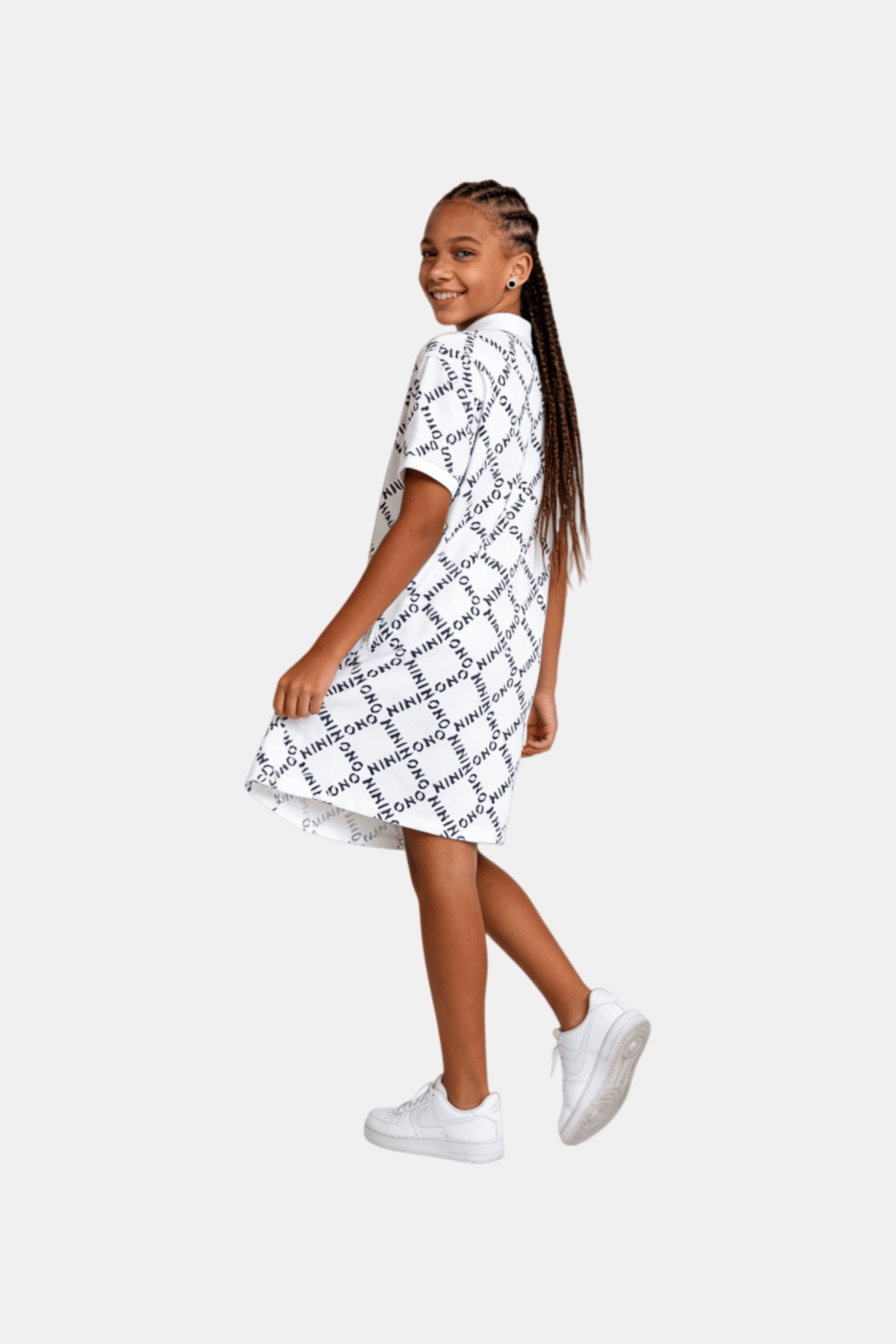 OGENDER Logo Print Dress: Short sleeve Polo neck dress with all-over logo pattern, available in white and avocado green, knee-length fit for girls.