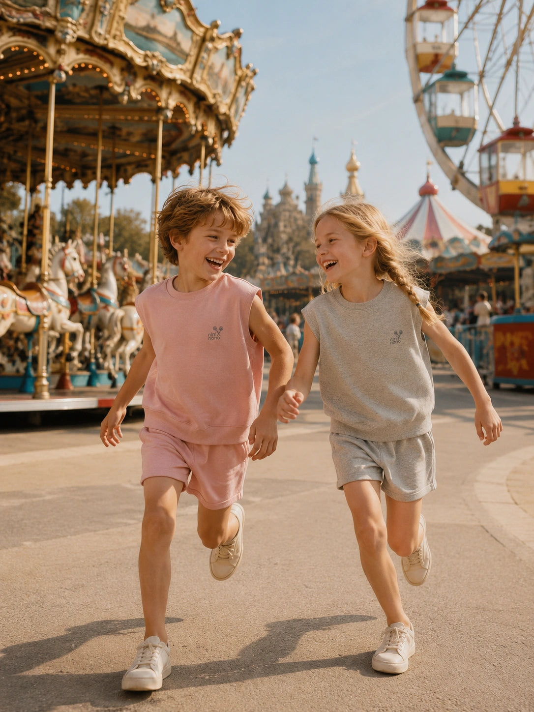 Two Russian child models playing in an amusement park wearing matching pink and grey sweat vests with coordinated shorts and sneakers.