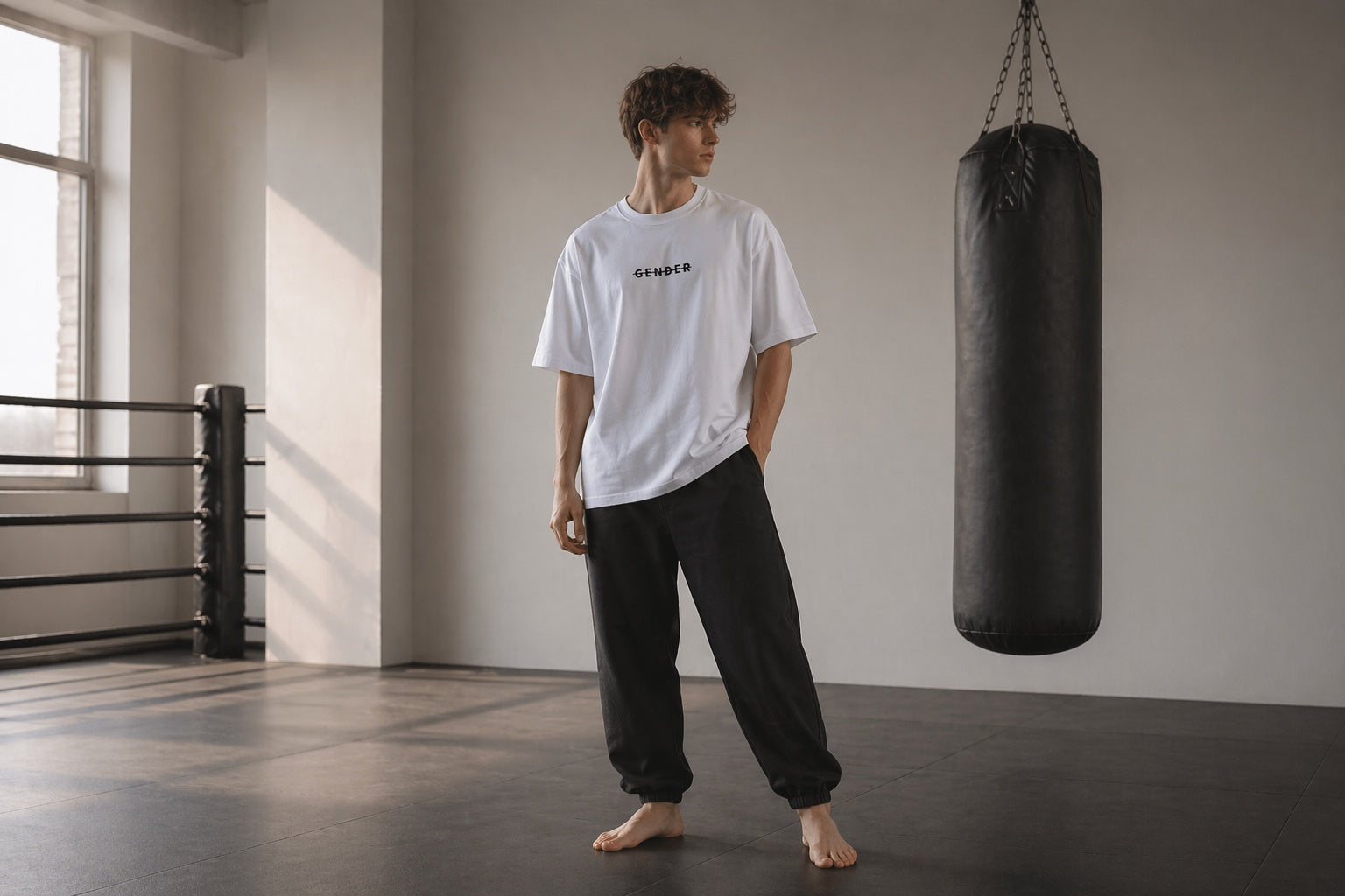 A long-haired male model wearing an Ogender 230g heavyweight non-see-through white oversized t-shirt and brown sweatpants in a boxing gym setting with a vintage punching bag.