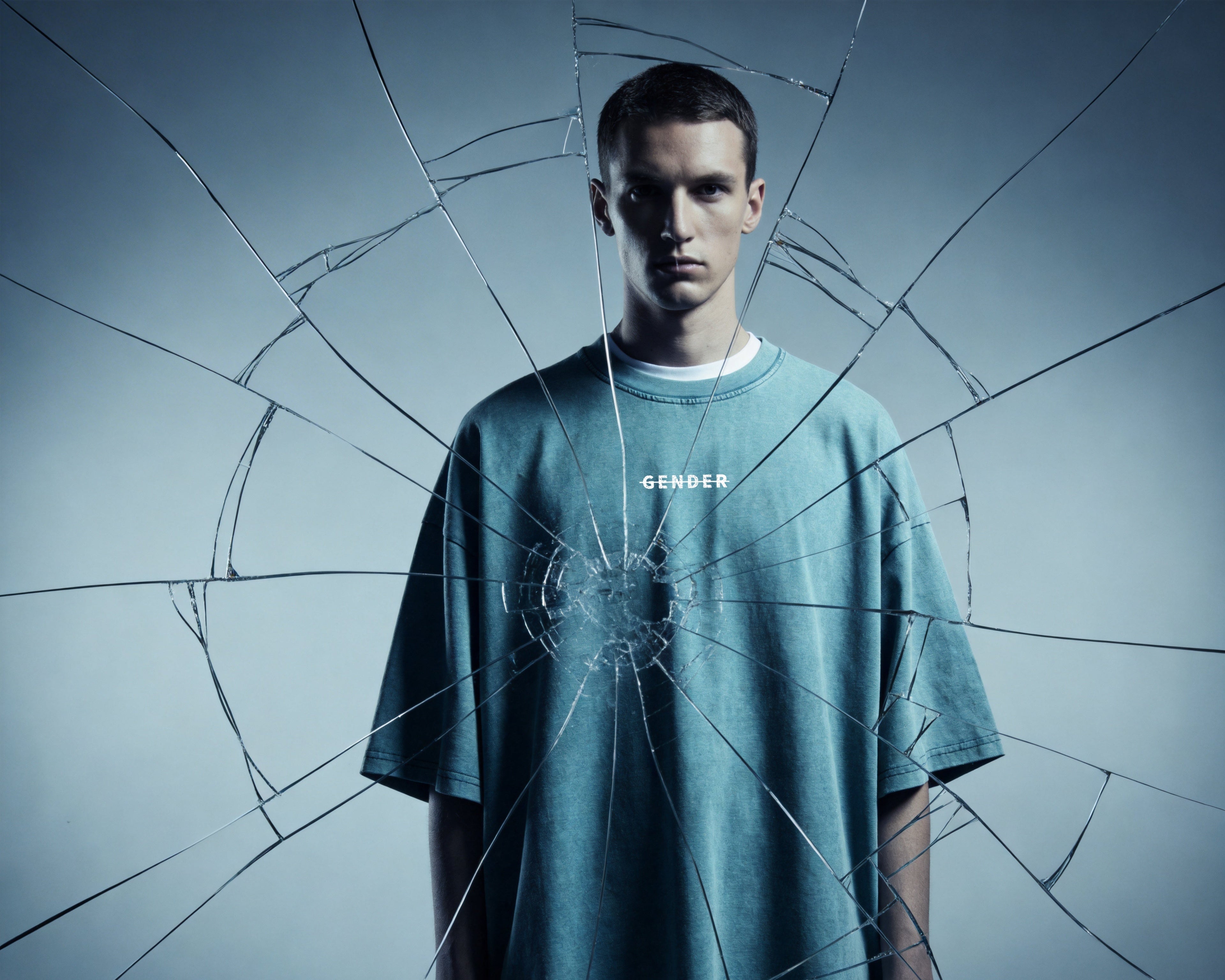 A male model wearing OGENDER 230g oversized vintage washed green t-shirt seen through a shattered glass effect, emphasizing raw urban style