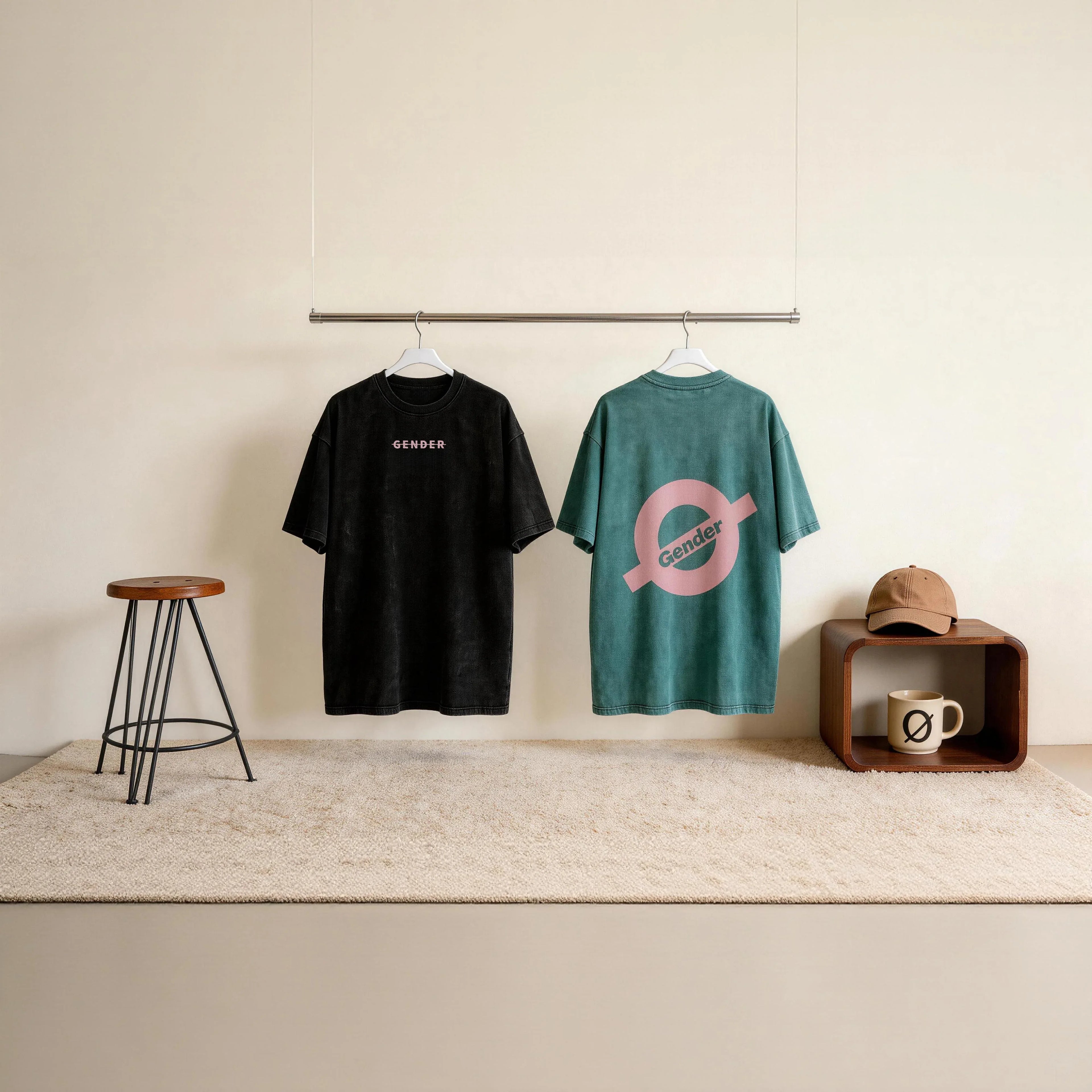 Front view of black and back view of vintage washed sage mint 230g t-shirts hanging in a minimalist studio, showcasing the large Ogender circular back print