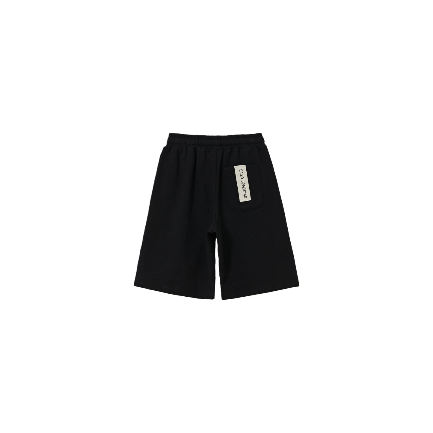 Back view of Jet Black kids sweat shorts with signature brand woven label.