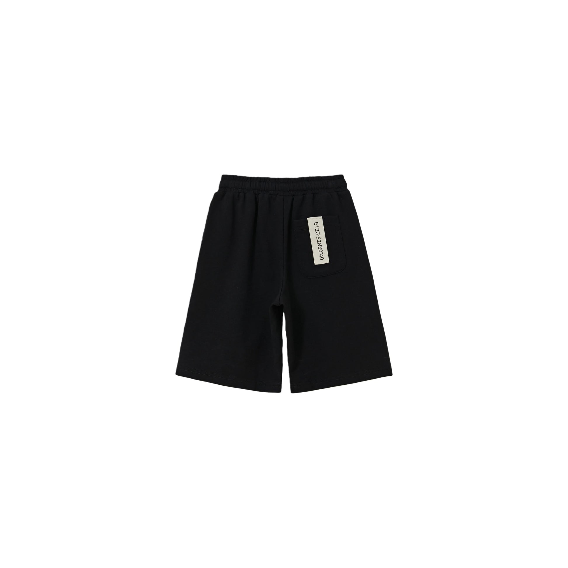 Back view of Jet Black kids sweat shorts with signature brand woven label.