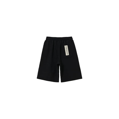Back view of Jet Black kids sweat shorts with signature brand woven label.