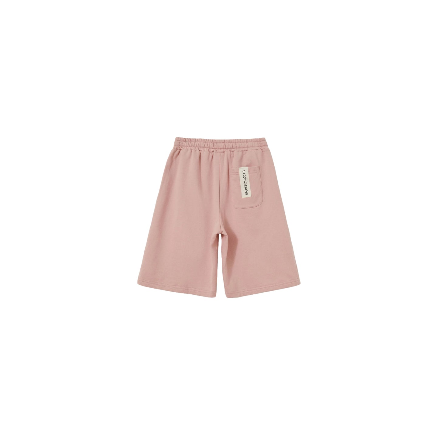 Back view of Pink kids sweat shorts featuring the industrial woven label.