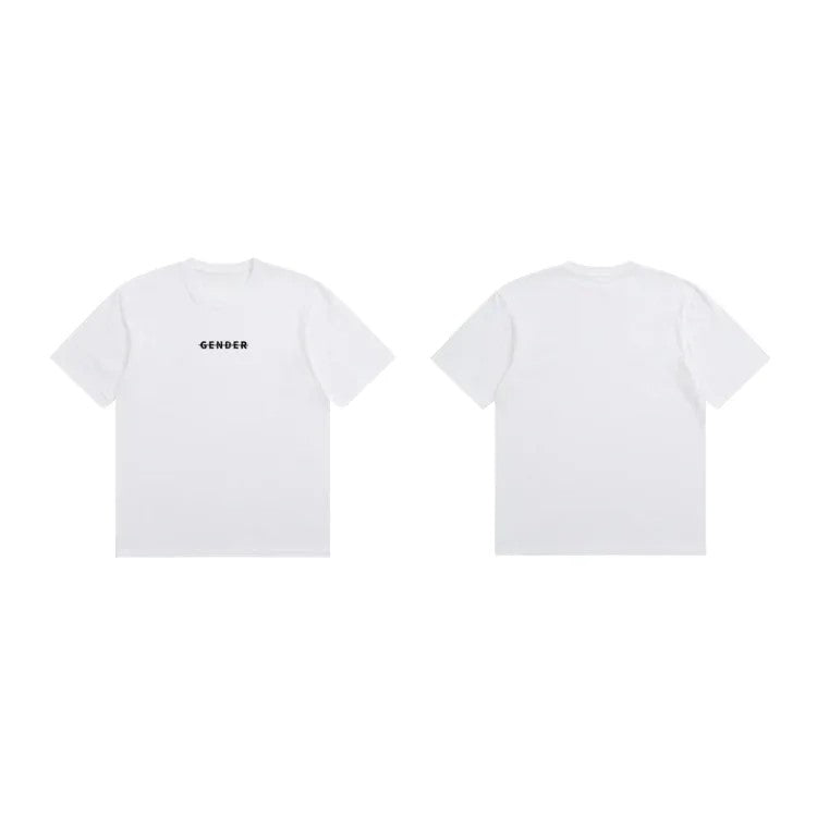 Front and back view flat lay of Ogender white 230 GSM Dadfit tee, showing the 'Gender' chest print and a clean, plain back