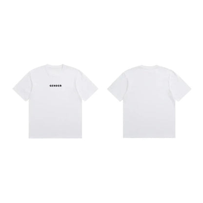 Front and back view flat lay of Ogender white 230 GSM Dadfit tee, showing the 'Gender' chest print and a clean, plain back