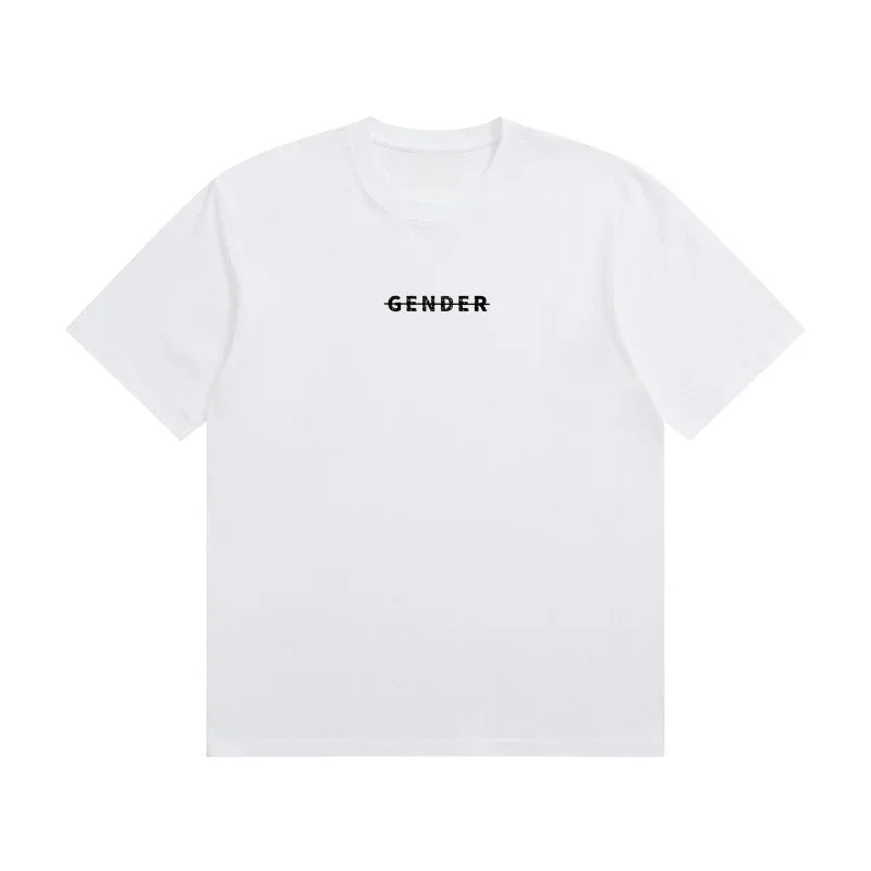 Front view of Ogender white heavyweight cotton Dadfit tee with minimalist strike-through logo and blank back.